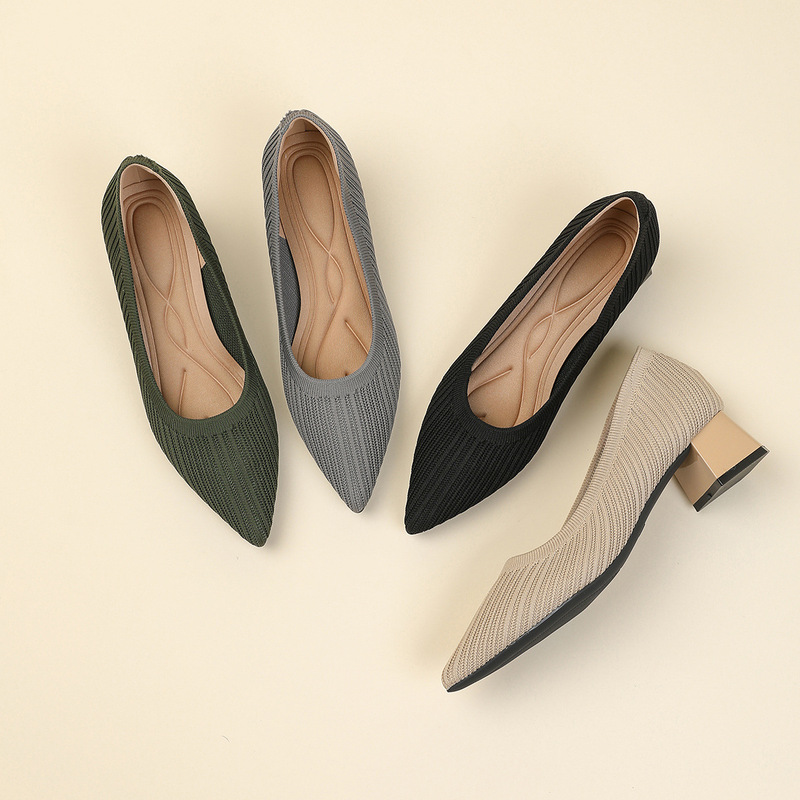 Pointed-Toe Knitted Single Shoes, Thick-Heeled Non-Slip Breathable Work Shoes, Versatile Shallow-Mouth Fly-Knit Princess Shoes Wholesale Pointed-Toe Knitted Single Shoes, Thick-Heeled Non-Slip Breathable Work Shoes, Versatile Shallow-Mouth Fly-Knit Princess Shoes Wholesale