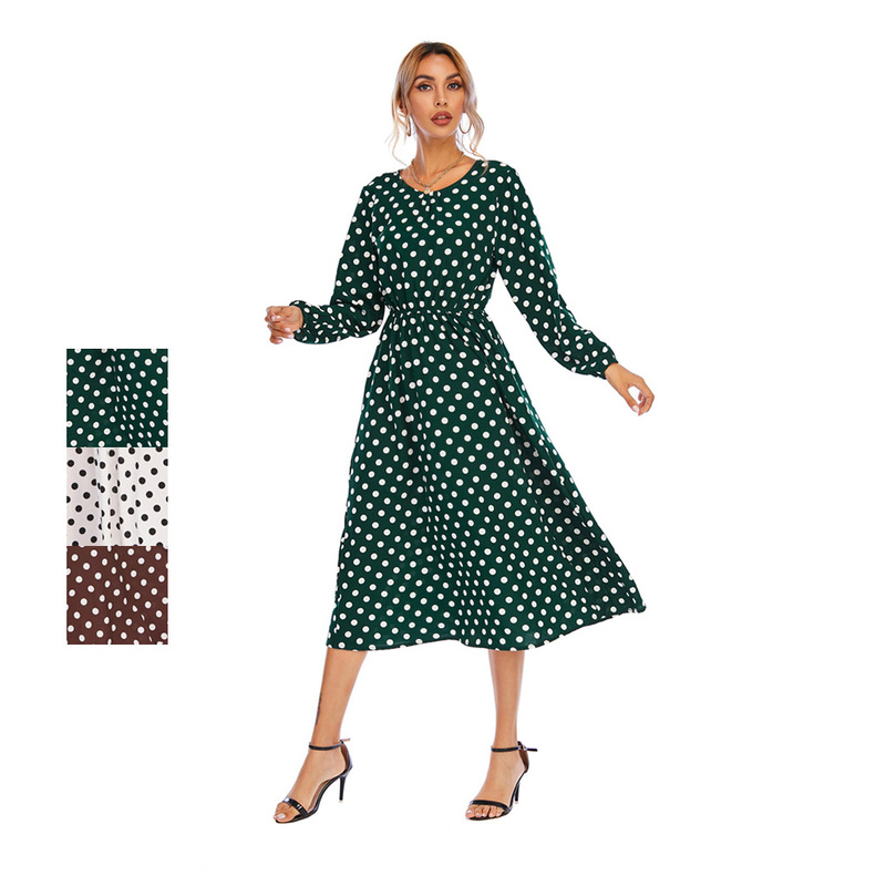 Swintager cross-border European and American spring and summer new chiffon wave dot printing round neck waist long large dress