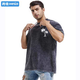 亚马逊 独立站男装 洗水做旧落肩袖T恤上衣 运动休闲椰树印花短袖