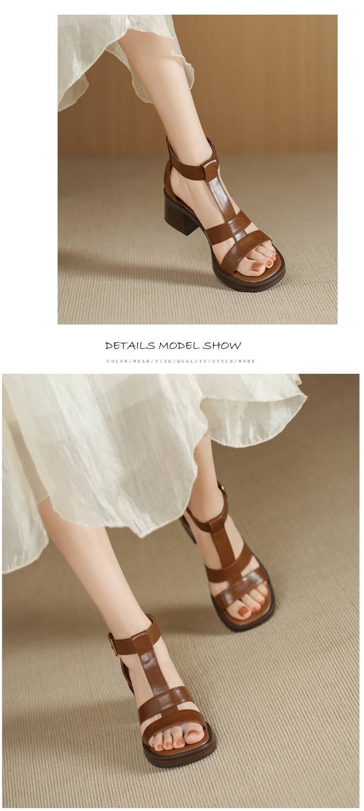 Sandal nữ cao gót 6 cm mũi hở quai chữ T khóa hậu — nâu chi tiết 5