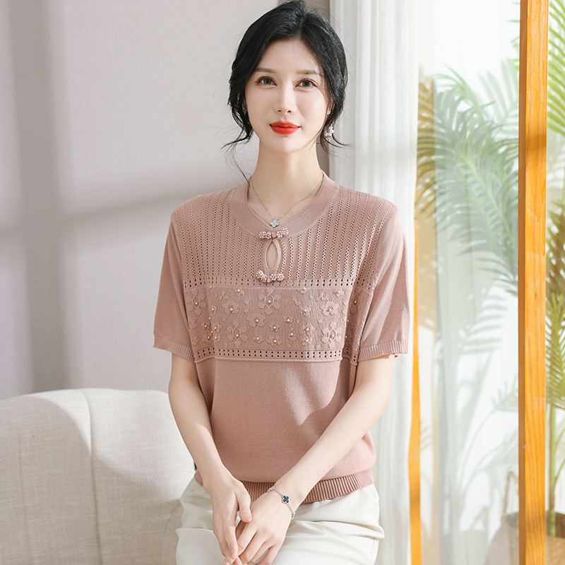 冰丝短袖T恤大码宽松妈妈装夏季中老年女装时尚圆领针织衫风，女装针织衫/毛衣，妃慕昵服饰