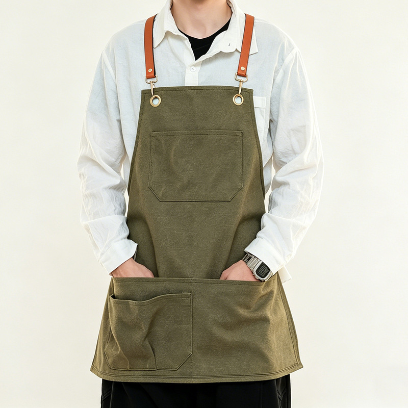 Cross-Border Trade Thick Canvas Apron New Style Short Waist Apron for Home Kitchen Catering Barista Workwear Apron
