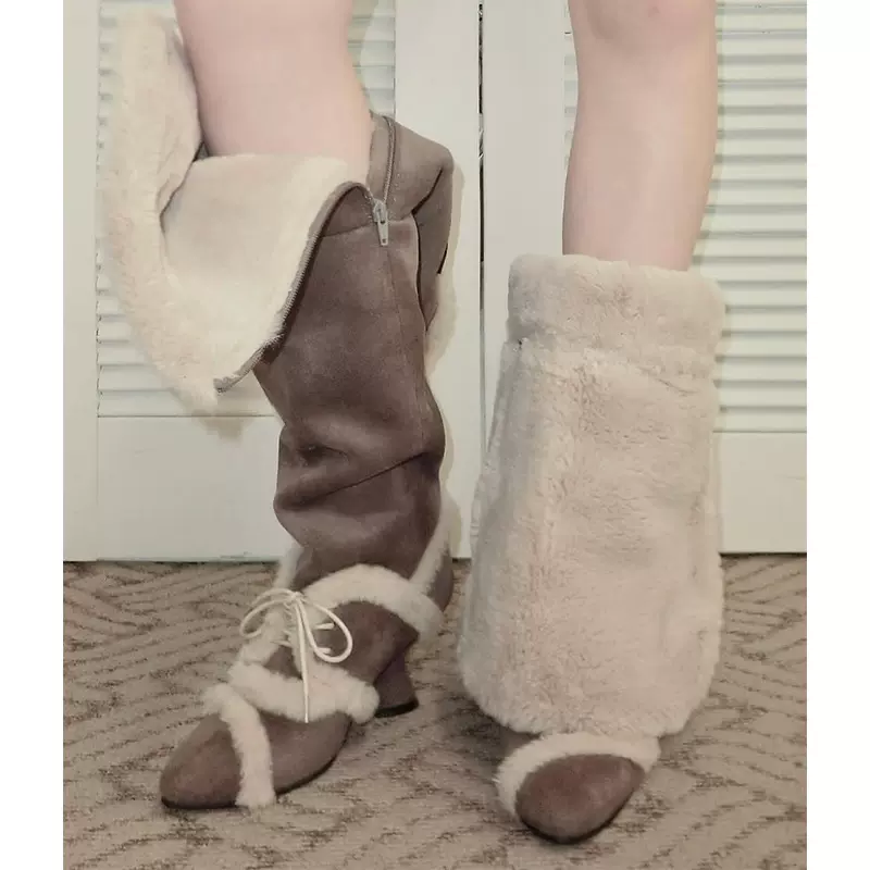 坡跟长筒靴皮毛一体雪地靴女款2025新款冬季加绒加厚保暖高筒棉靴