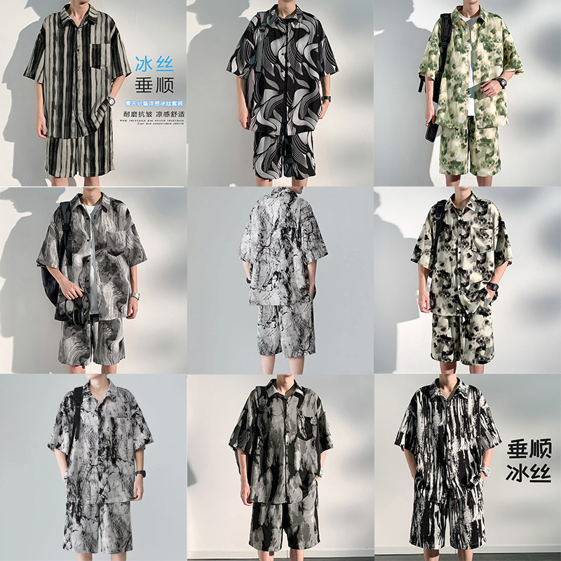 Ice Silk Tie-Dye Sports Suit Men's Summer Trendy Brand Handsome Loose Short-Sleeved Shirt Beach Shorts Casual Two-Piece Set