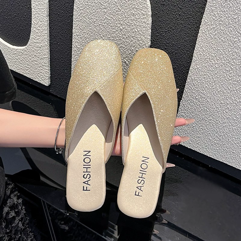 Летние новые женские тапочки в корейском стиле, квадратный носок, полутапочки, женские плоские тапочки большого размера с пайетками, стиль феи, домашние тапочки