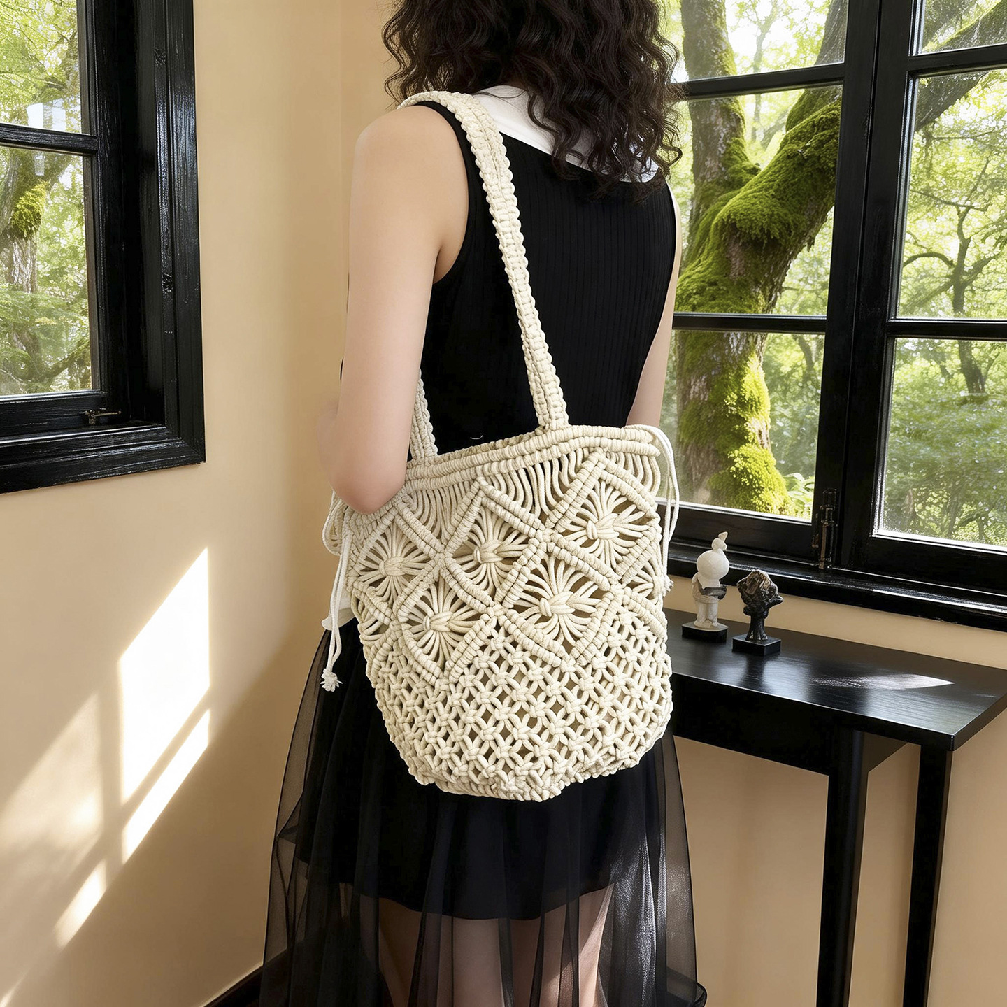 Geweven rattan schoudertas met leren afwerking manden tas_voghion.com