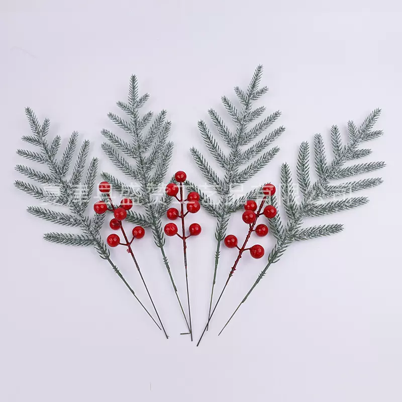 仿真绿植圣诞白雪松针枝红果圣诞节新品诺福克仿真松枝绿植插枝