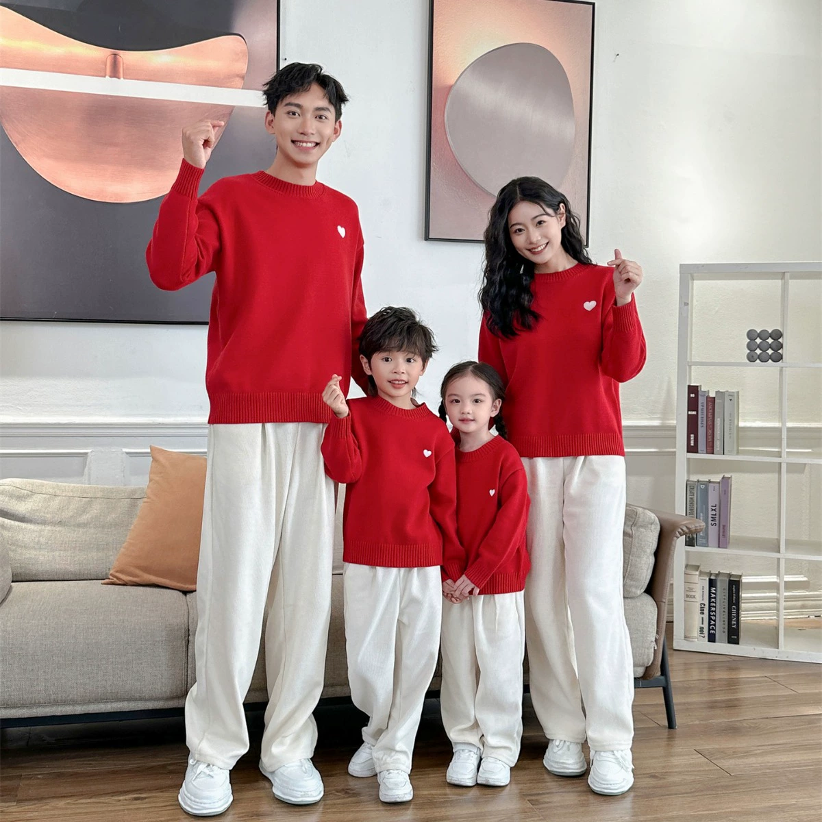 23 Новый Весенний фестиваль Новый год Семья из четырех Красный осенне-зимний свитер для родителей и детей Семья из трех пуловеров Свитер