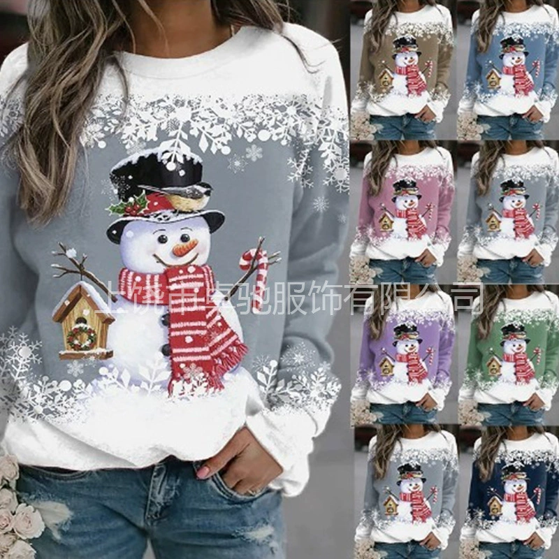 2025 Независимая станция Сийин трансграничная женская рождественская новая снеговик с принтом с длинными рукавами повседневная свободная Т-кровь женщина