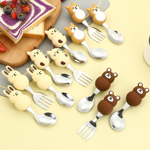 304不锈钢卡通勺叉子 可爱儿童餐具婴儿辅养勺动物小勺猫咪兔熊匙