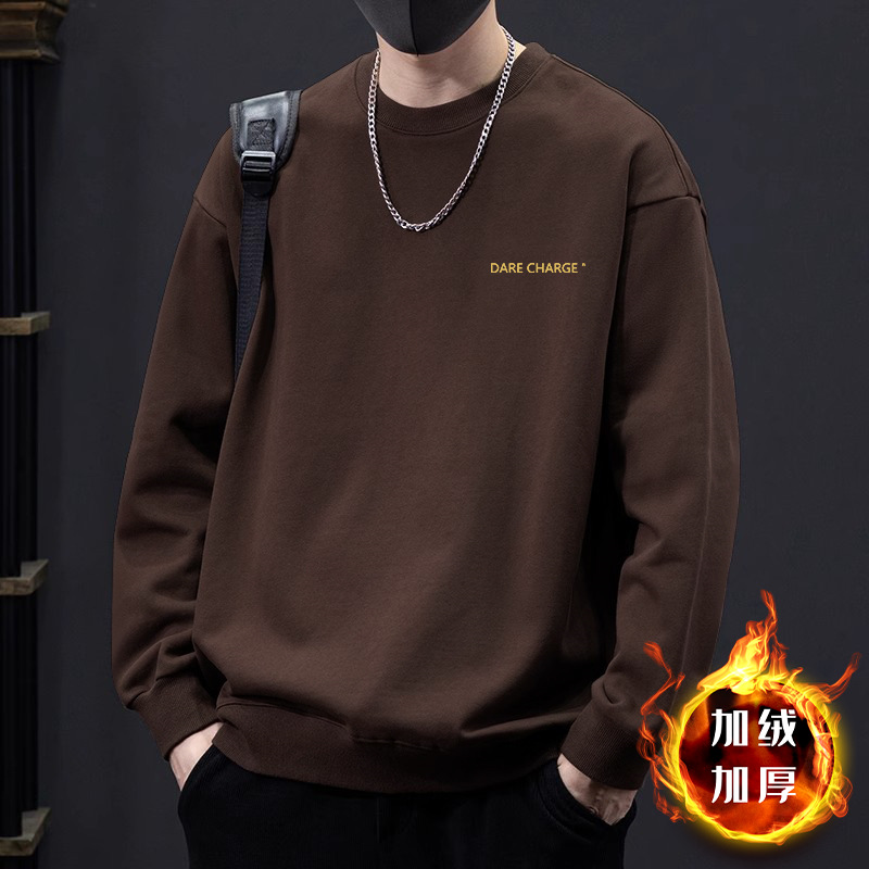 브라운 라운드넥 스웨트셔츠 플러스 벨벳스타일-1604【GL】