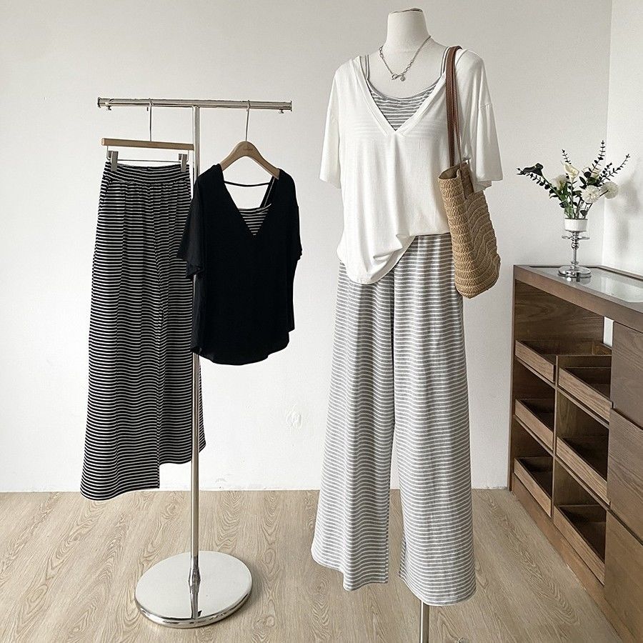 Casual Lazy Fashion Loose Color-Block Striped Suit Women Simple Style Vest Wide-Leg Pants Shirt Three-Piece Set Women