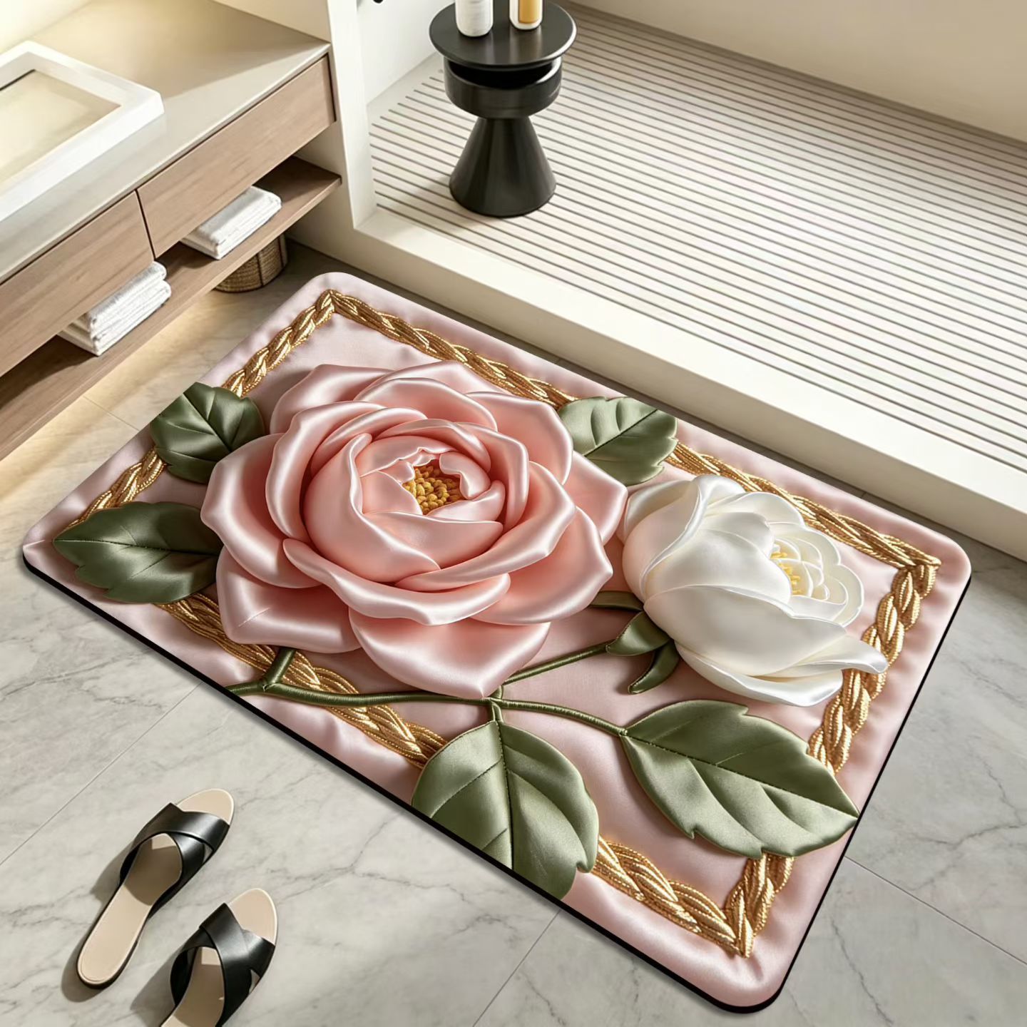 3D estereoscópico flor alfombra de baño absorción de agua antideslizante cojín de barro de diatomeas puerta de baño secado rápido cojín de pies resistente al desgaste
