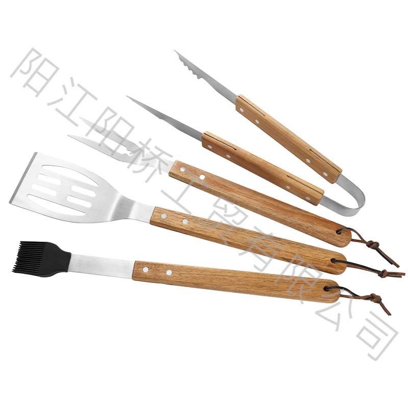 Spot fabricante de herramientas de barbacoa de acero inoxidable juego de pinzas de pala de mango de madera para barbacoa al aire libre juego completo