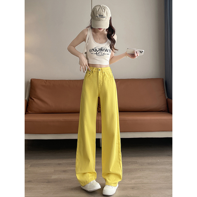Real Shot of Lemon Yellow Straight-Leg Jeans for Women, Dopamine Summer Thin High-Waisted Slim Narrow Wide-Leg Floor-Length Pants