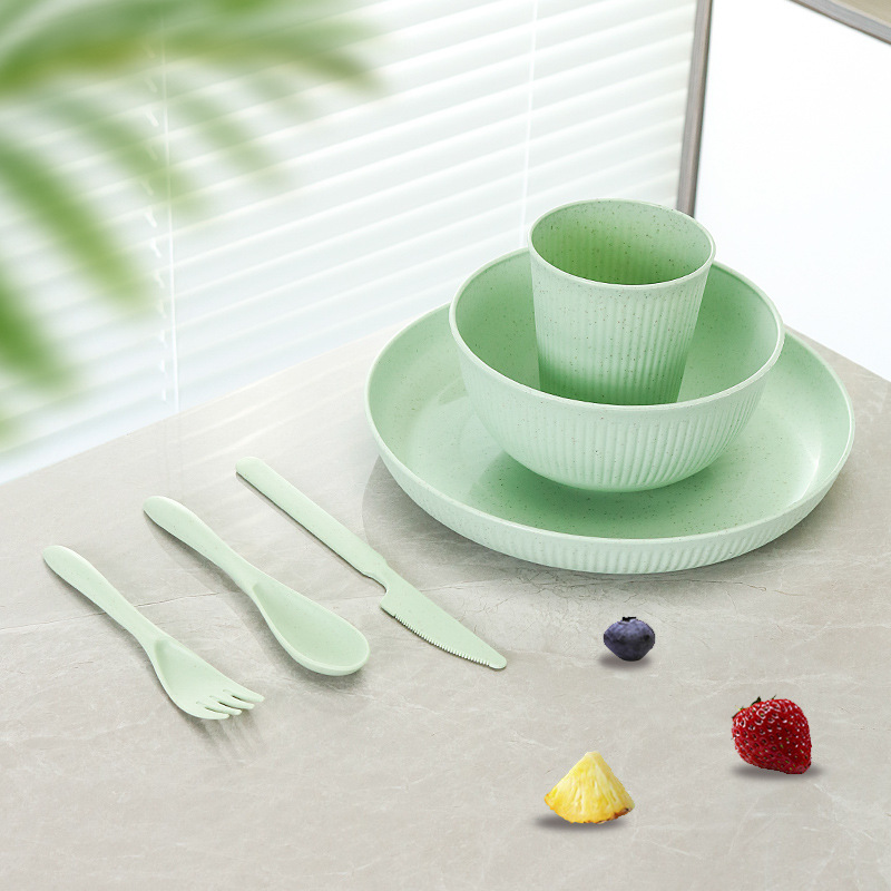 24-piece familia vajilla traje de paja de trigo rayado plato taza tazón de arroz restaurante plato tazón de fideos taza de agua image 9