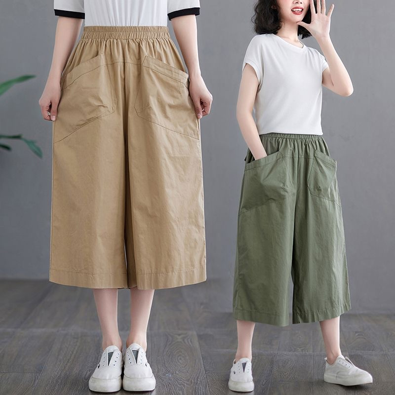 Vintage Wide-Leg Pants Skirt for Women, Summer Thin Plus-Size Slimming Cropped Pants, Loose Casual Pocket Straight Pants