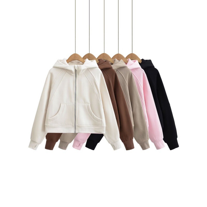 2023 Winter American full zipper yoga loose hooded sweater cardigan fleece-lined women Wholesale