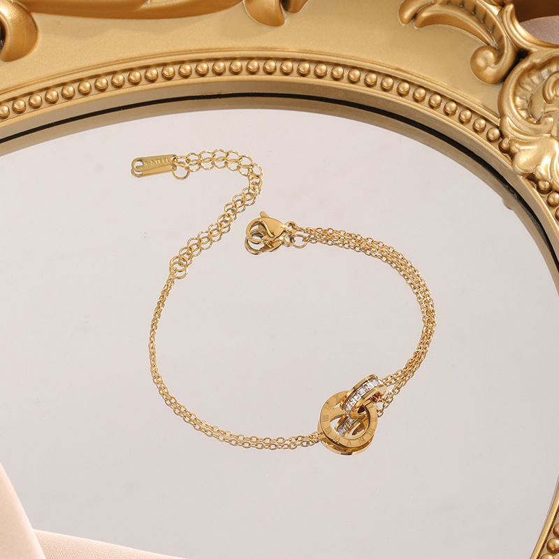 Pulsera de Acero de Titanio de Dongguan, Estilo Europeo y Americano, Diseño de Doble Cadena con Cuchillas, Exagerada, Hip-Hop, para Otoño e Invierno, No se Destiñe, para Mujer