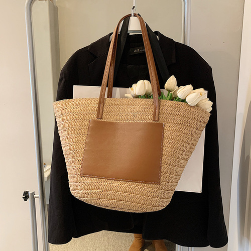 Large-capacity woven bag tote bag 2024 new high-end texture single-shoulder straw women's bag portable vacation beach bag