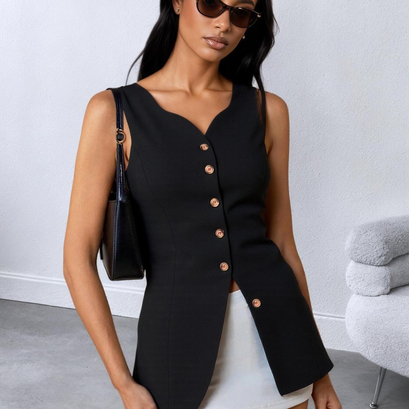 Women's Elegant Commuter Vest V Neck Mid Transfronterizo