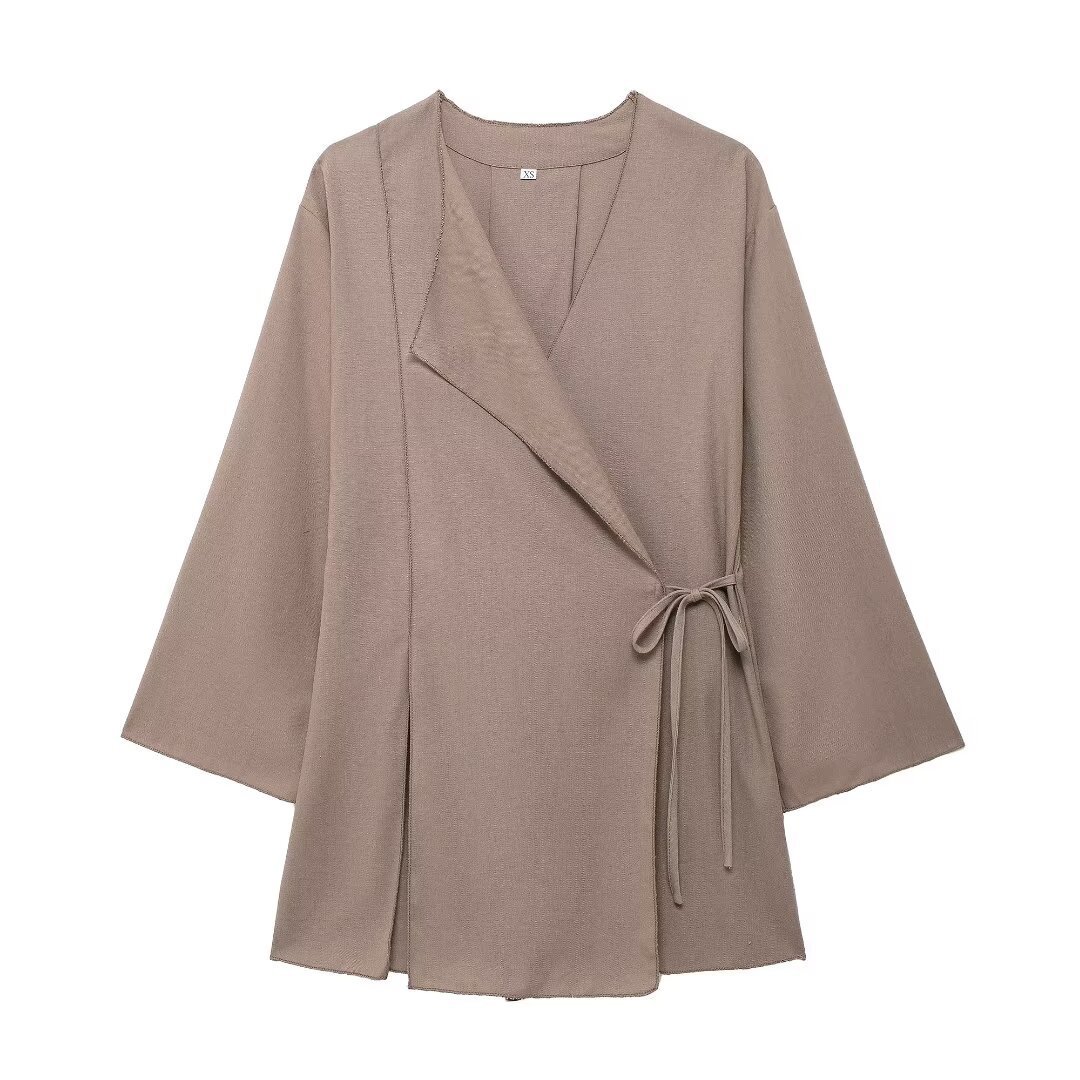 Ensemble veste de costume à col en V en lin pour femme 2024 été avec pantalon fendu_voghion.com