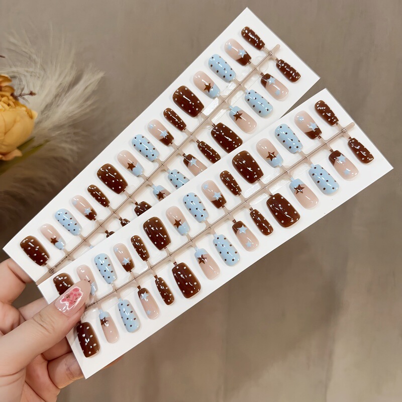 S410-Pre-Made Nail Tips with Sea Salt Design, Playful Wearable Nails with Blue and Brown Polka Dots, Detachable Nail Pieces with a Stylish Vibe