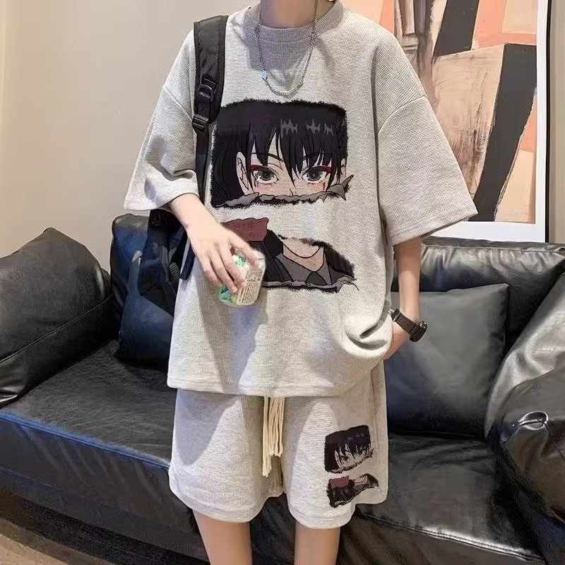 新款华夫格潮流短袖T恤一套装男夏季学生ins五分体恤潮牌休闲套装