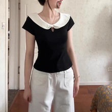 跨境批发夏季92%棉韩系甜妹撞色娃娃领短袖t恤女式清纯学院风上衣