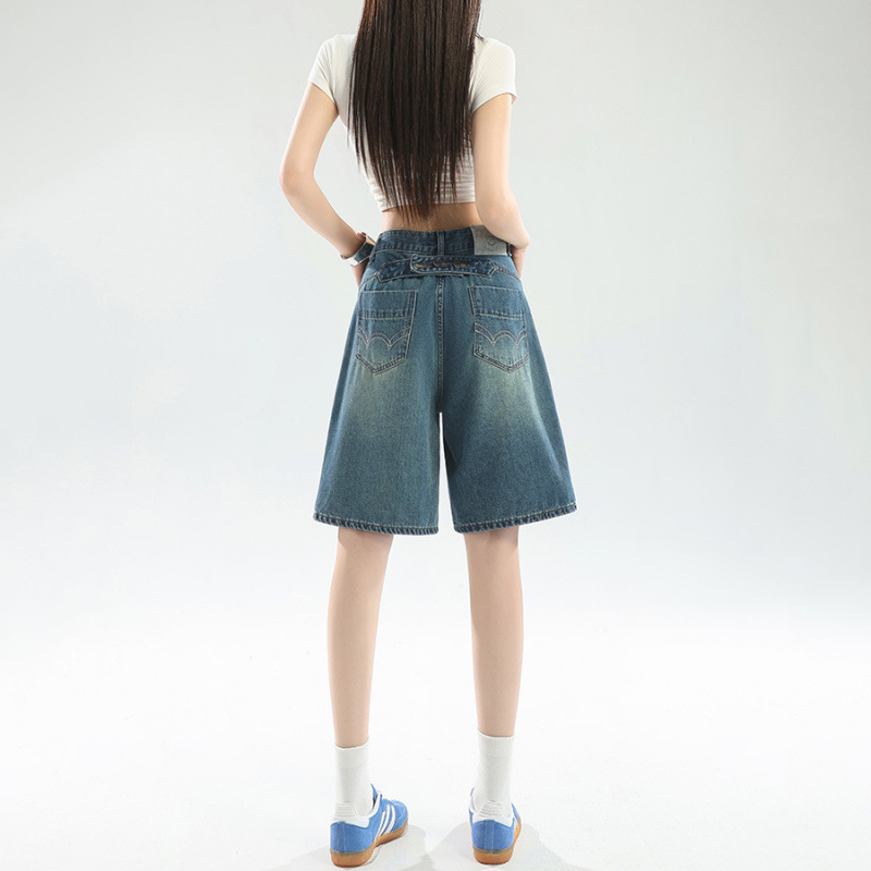 Pantalones jeans de cintura alta y piernas anchas de cinco puntos para mujeres verano de 2026 delgado recto delgado tamaño grande gordo mm pantalones de cintura elástica