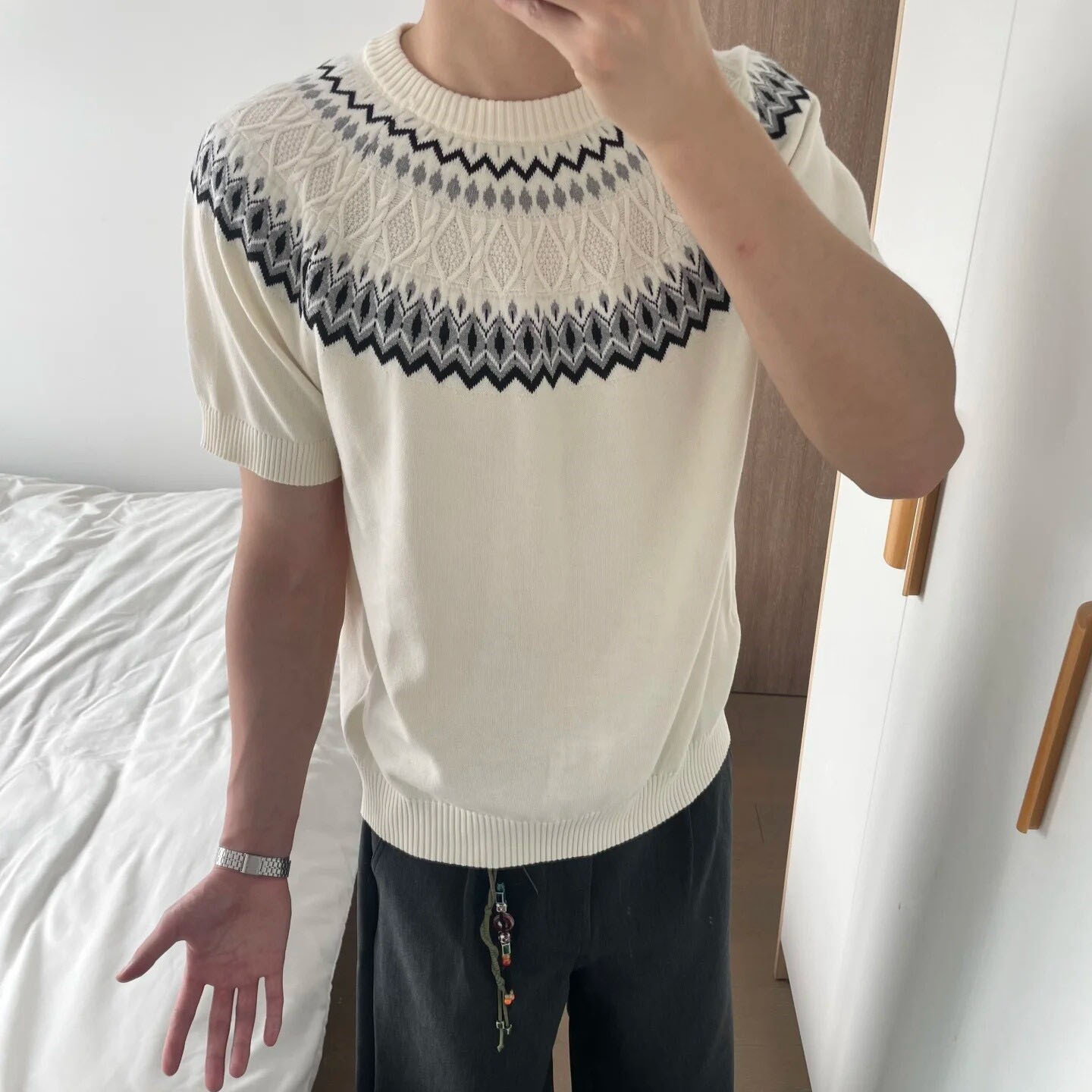 Isla de Fair camiseta de punto de manga corta camiseta de cuello redondo jacquard hombre viejo estilo casual hielo de verano fábrica transfronteriza mayorista