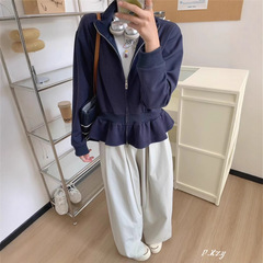 011 慵懒风立领卫衣女秋季新款拉链开衫韩版oversize女式外套花边