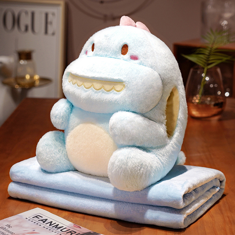 Dinosaurio de dibujos animados almohada de mano caliente muñeca de peluche con manta multifuncional para niñas puede insertar almohada de mano regalo