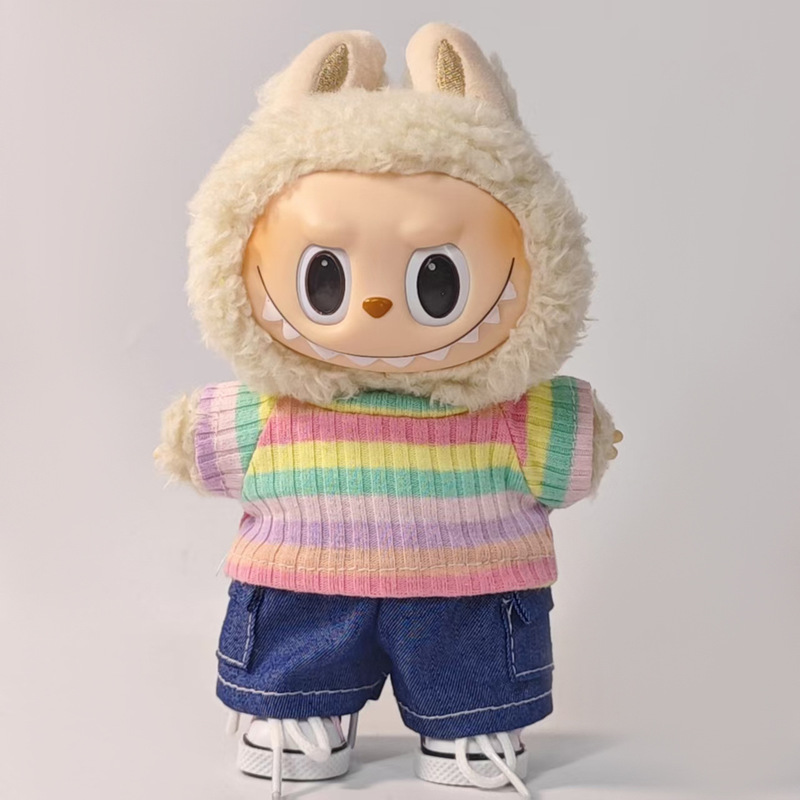 Labubu Labubu Vinyl Doll Versatile Rainbow T-Shirt Denim Shorts Light 10Cm-18Cm Cage Pants Set Labubu Labubu Vinyl Doll Versatile Rainbow T-Shirt Denim Shorts Light 10Cm-18Cm Cage Pants Set