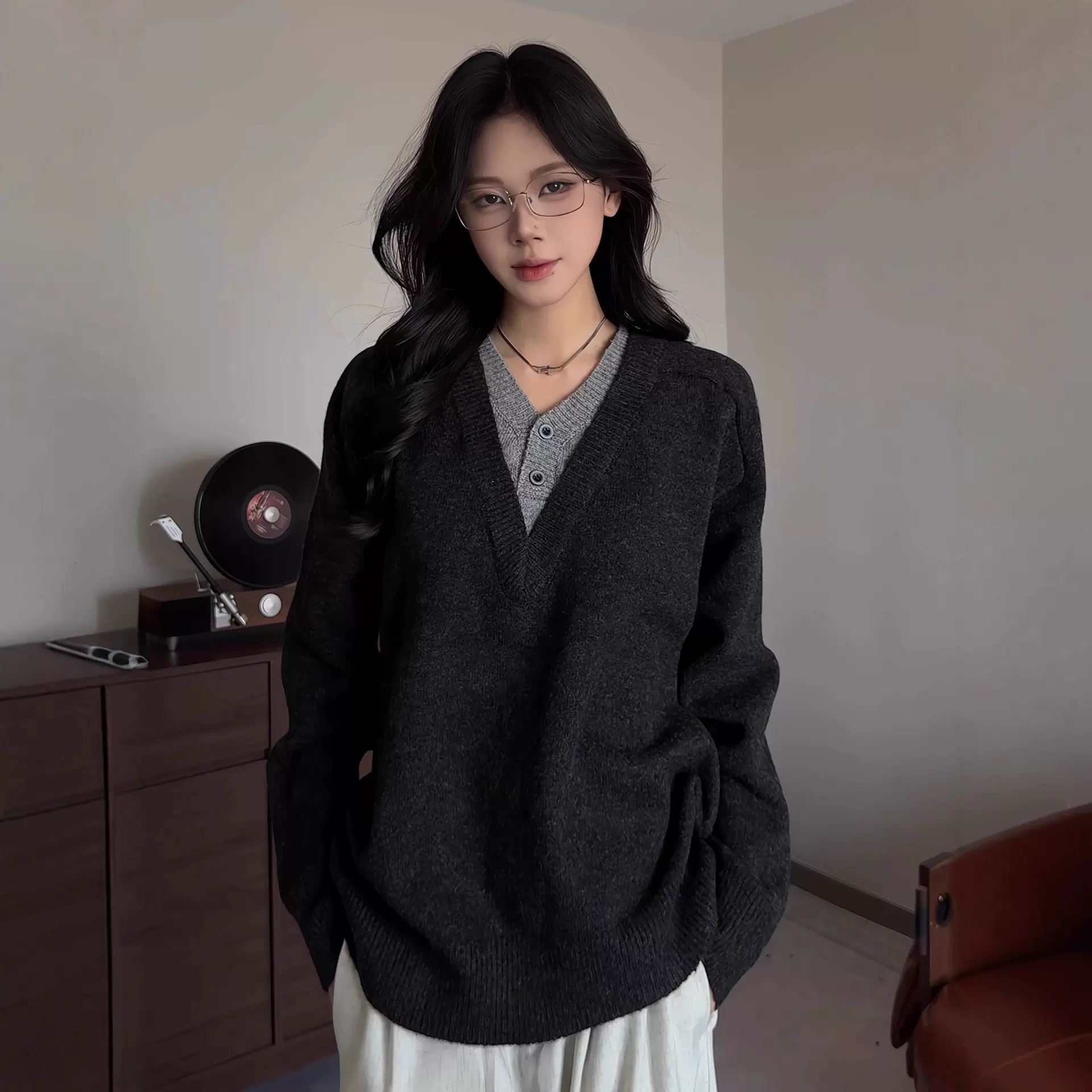 2025美式复古设计感长袖毛衣男2025V领假两件针织衫感小众外套