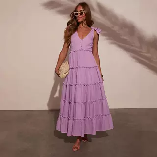 Women's Fashion Patchwork Ruffled Midi Dress - Purple - View 1