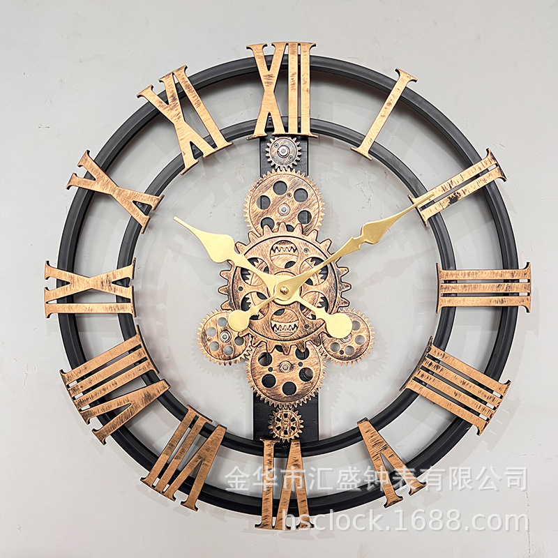 新款复古齿轮钟罗马刻度做旧可转动齿轮挂钟钟表外贸创意时钟批发