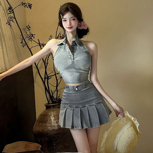 Retro Sexy Sexy Style Polo Collar Off-Shoulder Slim Short Denim Vest High Waist Pleated Skirt Two-Piece Set