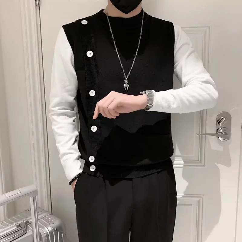 Свитер-обманка из двух частей, Мужской приталенный Повседневный Прохладный свитер высокого класса в Корейском стиле, модный вязаный свитер с воротником до локтя, Отстроченный на осень и зиму