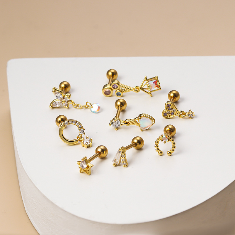 2 pezzi di Henson in acciaio inossidabile a doppia testa con vite per orecchio, amore, farfalla, zircone, moda, versatili orecchini a bottone singoli_voghion.com