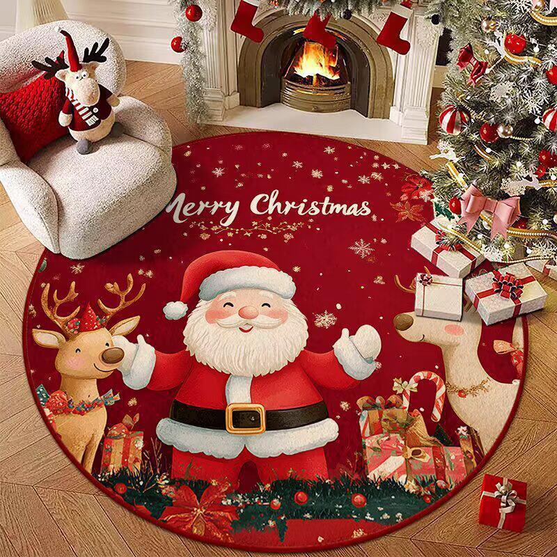 Christmas-themed round rug for living room and bedroom, festive floor mat, stain-resistant and durable, crystal velvet rug, red decorative foot mat