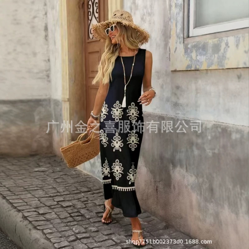 Cross-Border 2026 Summer Women's Casual Floral Print Dress Suitable for Spring and Summer Wear, Casual and Versatile