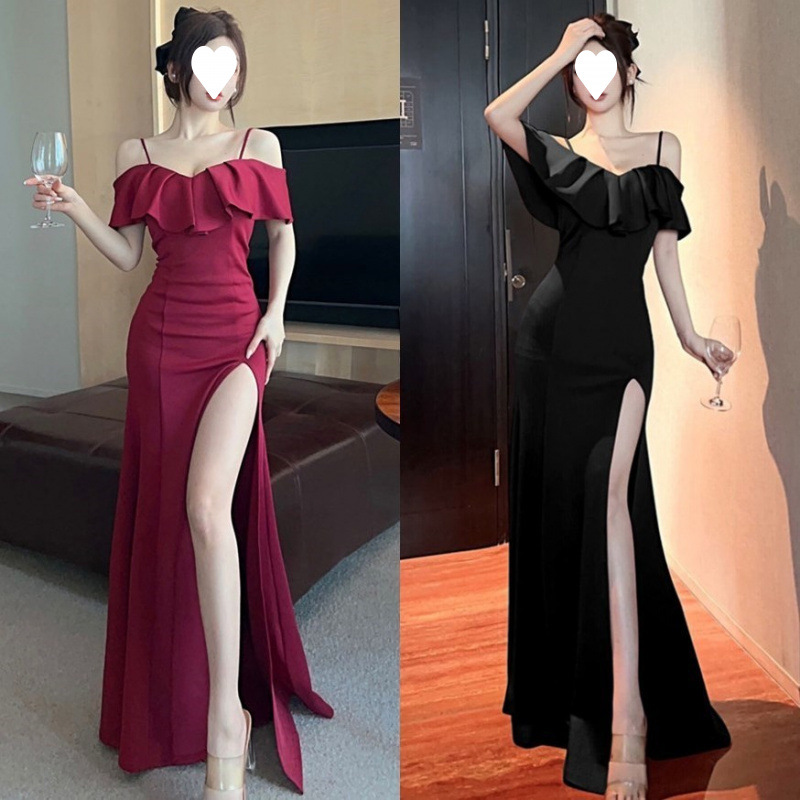High-end Niche Light Luxury off-shoulder Evening Dress Women's 2025 New Style Sexy Banquet Slim-fit Slimming Dress