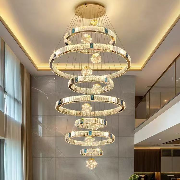リビングルームの大型シャンデリア、モダンでシンプルな中空多層階段照明器具、二階建てのヴィラクリスタルシャンデリア|undefined