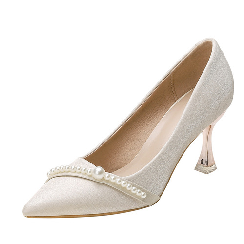 Stylish and Exquisite French Champagne Wedding Shoes for Women, Niche High-End, Elegant Pearl Adult Ceremony Guest Shoes, High Heels