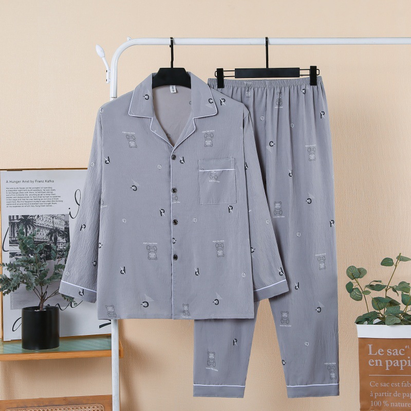25601 Yunduo Cotton Men's Pajamas Spring and Autum Thin Long-Sleeved Summer Loose Casual Large Size Home Clothes for Outer Wear