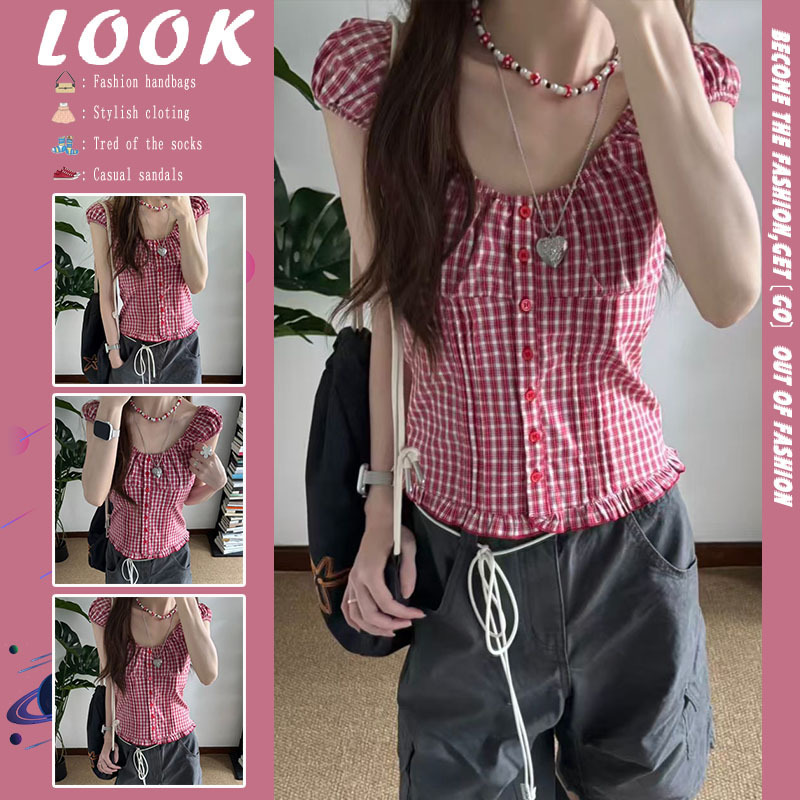 Summer New Korean-Style Retro Red and White Plaid Slim-Fit Short-Sleeve Shirt, Off-Shoulder Versatile Top for Women