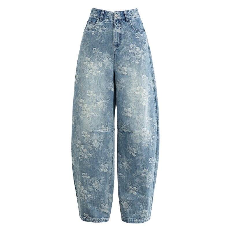Quần jean nữ ống rộng cạp cao họa tiết jacquard kiểu Trung Hoa mới — xanh lam