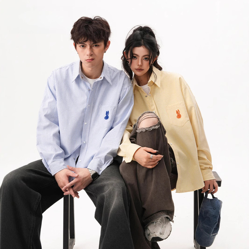 Versatile Youthful Men's Loose Cityboy Rabbit Embroidery Long-Sleeve Shirt Couple Sun-Protection Artistic Simple Shirt