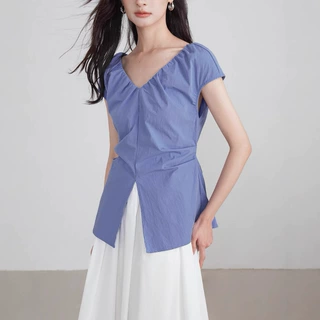 夏日多巴胺V领法式收腰上衣女褶皱设计感极简气质蓝色衬衫